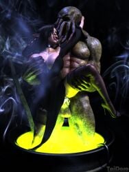 3d 3d_(artwork) bald black_background black_hair black_high_heels breast_grab breast_squeeze breasts cauldron cephalopod cephalopod_humanoid cum_in_pussy cum_inside dress ekfylia elf elf_ears elf_female elf_girl from_behind from_behind_position glowing green_eyes high_heels leg_up licking_own_lips mind_flayer naked naked_male nipples nude nude_male original_character pointy_ears simple_background size_difference smoke standing standing_sex stockings taidoro tentacle twelf_woodstrider