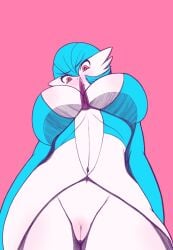 <3_eyes babyserval_(artist) big_breasts bottomless breasts clothed clothing female gardevoir genitals heart hi_res huge_breasts humanoid humanoid_pointy_ears looking_at_viewer low-angle_view nintendo not_furry pink_background pokémon_(species) pokemon pokemon_(species) pussy shiny_pokemon simple_background solo video_games