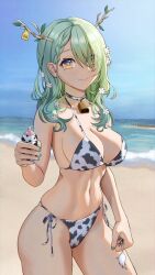 beach beauty_mark bell_collar bikini bikini_bottom bikini_top ceres_fauna choker cow_bikini cow_print cow_tag cowbell green_hair hololive hololive_english hololive_english_-council- hololive_english_-promise- milk milk_bottle nail_polish pov seaside single_braid smile smiling smiling_at_viewer virtual_youtuber yellow_eyes