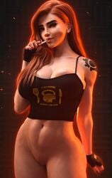 3d areolae big_breasts blizzard_entertainment bottomless brigitte cleavage lollipop overwatch pussy ravelent red_hair shaved_pussy tank_top tattoo vagina