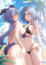 2022 2girls ahoge ass beach bikini blue_eyes blue_hair breast_press breast_to_breast breasts breasts_touching competition_swimsuit female female_only ganyu_(genshin_impact) genshin_impact hair_over_one_eye highleg_swimsuit hips horns huge_ass huge_breasts large_ass long_hair one-piece_swimsuit outdoors purple_eyes saya_(artist) shenhe_(genshin_impact) slim_waist thick_thighs thighs wet wet_body white_hair wide_hips