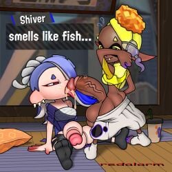 2futas background balls blue_hair breasts clothed cum cum_in_mouth dark-skinned_futanari dark_skin deep_cut_(splatoon) duo embarrassed erection feet flaccid frye_(splatoon) futa_on_futa futa_only futanari genderbend huge_balls huge_cock humanoid humanoid_penis light-skinned_futanari light_skin looking_pleasured mostly_clothed nintendo oral penis redalarm self_upload shiver_(splatoon) sitting_down small_but_hung smelling_penis splatoon splatoon_3 tongue_around_penis tongue_out veiny_penis wet_penis yellow_hair