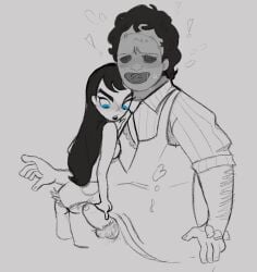 1boy 1girls arm_hair balls black_hair blue_eyes charlie_(px_nicolas) dead_by_daylight duo grabbing grabbing_penis leatherface looking_at_penis nervous penis px_nicolas seductive size_difference tagme texas_chainsaw_massacre uncut