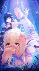 black_hair blonde_female blonde_hair blue_eyes bondage clothed feet feet_on_face femdom femsub foot_fetish genshin_impact icecake lumine_(genshin_impact) restrained yelan_(genshin_impact) yellow_eyes yuri