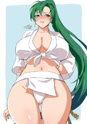 1girls arms_behind_back ass_visible_through_thighs bare_midriff bare_thighs blush breasts cleavage earrings embarrassed female female_only fire_emblem fire_emblem:_the_blazing_blade from_below fundoshi grabbing_own_arm green_eyes green_hair hairless_pussy huge_breasts japanese_clothes long_hair looking_away lyn_(fire_emblem) midriff navel nintendo open_clothes open_mouth panties pelvic_curtain shirt solo thighs undressing very_long_hair white_panties yajiro_masaru yamakasa