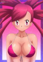 absurd_res alluring big_breasts bikini blush breasts cleavage collarbone creatures_(company) female flannery_(pokemon) game_freak grid grid_background high_res long_hair looking_at_viewer neon_grid nintendo pink_background pink_bikini pokemon pokemon_(game) pokemon_rse ponytail red_eyes red_hair smile standing swimsuit upper_body zel-sama