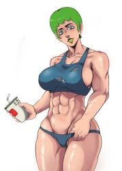 1girls abs alternate_version_available biceps big_breasts blue_thong breasts busty curvy dorkbum eye_contact female female_focus female_only foo_fighters green_eyes green_hair green_lips green_lipstick holding_container holding_object jojo's_bizarre_adventure large_breasts light-skinned_female light_skin lipstick looking_at_viewer muscular muscular_female pov_eye_contact ripped_clothing short_hair simple_background solo solo_female solo_focus sports_bra stone_ocean sweat sweatdrop sweatdrops sweating sweaty tagme thick_thighs thighs thong toned toned_female torn_clothes torn_clothing torn_topwear voluptuous white_background workout_clothes