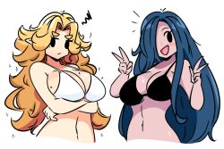 2girls big_breasts black_bra blonde blonde_female blonde_hair blue_hair breasts crossed_arms dark_knight_(murgoten) female hair_covering_eye light-skinned_female light_skin mob_face multiple_girls murgoten original original_character tagme white_bra