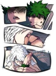 2boys ass blowjob clothed clothing confusion dialog dialogue eyes_covered female female_focus first_porn_of_character green_eyes green_hair hair handjob hensket izuku_midoriya lips long_hair male/female my_hero_academia open_mouth oral oral_sex pale-skinned_female pale_skin penis pointing rule_63 shirt short_sleeves smile smiling spit straight suprised thick_lips thighhighs tongue tongue_out wet white_hair yoichi_shigaraki