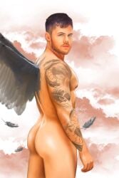 1boy ass caucasian caucasian_male feathers gay_pornstar looking_at_viewer male male_only marvtokyo matthew_camp muscles muscular muscular_male onlyfans_model porn_star real_person solo solo_male tattoos wings