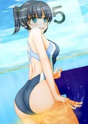 ass back_view blush embarrassed medium_breasts nervous one-piece_swimsuit peeing peeing_in_pool peeing_in_swimsuit peeing_self peeing_underwater pullpull15 swimsuit swimwear urinating_female water