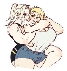 2girls anger_vein big_breasts black_sclera blonde_hair blush canon_genderswap cleavage colored_sketch denim_shorts female female_only genderswap_(mtf) headlock huge_breasts hugging_from_behind kengan_(series) kengan_ashura kure_raian long_hair looking_at_another looking_back muscular muscular_female ponytail rihito rule_63 short_shorts shorts smile sweatdrop thehounds thick_eyebrows thick_thighs yuri