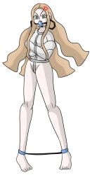 ankle_cuffs ball_gag blonde_female blonde_hair blue_ball_gag bondage breasts gag gagged green_eyes long_hair medium_breasts nintendo oleana_(pokemon) pokemon pokemon_ss protoy spreader_bar standing straitjacket transparent_background