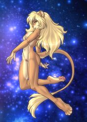 2022 anthro ass blonde_female blonde_hair breasts claws cosmic_background digital_media_(artwork) feet felid female finger_claws fingers floating fur genitals hair hi_res hindpaw humanoid_hands lion long_hair mammal mrrrn navel nipples nude pantherine pawpads paws pink_nose pink_pawpads pussy solo tan_body tan_fur toes