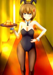 black_leotard bunny_ears bunny_girl bunnysuit hallway happy holding_plate leotard looking_at_viewer oranges pullpull15