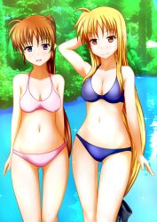 bikini bikini_bottom bikini_top blonde_female fate_testarossa in_water lake mahou_shoujo_lyrical_nanoha mahou_shoujo_lyrical_nanoha_strikers nanoha_takamachi pullpull15 stream swimsuit swimwear water