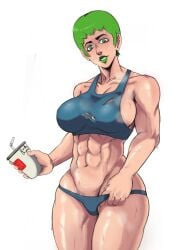 1girls 2021 abs alternate_version_available biceps big_breasts blue_thong breasts busty curvy dorkbum eye_contact female female_focus female_only foo_fighters green_eyes green_hair green_lips green_lipstick holding_container holding_object jojo's_bizarre_adventure large_breasts light-skinned_female light_skin lipstick looking_at_viewer muscular muscular_female pov_eye_contact ripped_clothing short_hair simple_background solo solo_female solo_focus sports_bra steam steaming steaming_body steamy stone_ocean sweat sweatdrop sweatdrops sweating sweating_profusely sweaty thick_thighs thighs thong toned toned_female torn_clothes torn_clothing torn_topwear voluptuous white_background workout_clothes