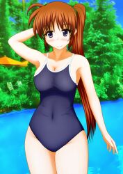 in_pool mahou_shoujo_lyrical_nanoha mahou_shoujo_lyrical_nanoha_strikers nanoha_takamachi one-piece_swimsuit outdoors pool pullpull15 standing standing_in_water swimming_pool swimsuit swimwear tagme