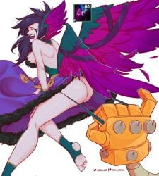 1girls 1robot 2022 allen_skies02 ankle_wraps artist_name ass assisted_exposure bare_legs big_ass blitzcrank breasts closed_eyes dark_hair dark_purple_hair dat_ass dress embarrassed exposed_ass fallen_angel fallen_angel_wings falling_feathers feathers female female_focus gameplay_mechanics grabbing_underwear league_of_legends long_hair mechanical mechanical_arm mechanical_hand morgana open_mouth pale-skinned_female pale_skin panties_pull pinky_out purple_dress riot_games sideboob simple_background soles stretching_underwear tagme thick_thighs twitter_username underwear updress upskirt white_background wings