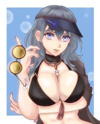 1girls alternate_costume bikini black_bikini black_swimsuit blue_eyes breasts byleth_(fire_emblem) byleth_(fire_emblem)_(female) byleth_(summer)_(fire_emblem)_(female) cleavage eyewear_removed febakkari female female_only fire_emblem fire_emblem:_three_houses fire_emblem_heroes higher_resolution_available large_breasts licking_lips medium_hair nintendo official_alternate_costume sunglasses sunglasses_removed swimsuit teal_hair tongue tongue_out