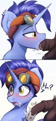 absurd_res amber_eyes blue_body blue_fur blue_hair bodily_fluids czu equid equine eyewear fur genitals goggles hair hasbro hi_res hoo'far_(mlp) horn male male/male mammal medial_ring my_little_pony open_mouth oral penis saddle_arabian_(mlp) saliva saliva_string surprised_expression unicorn white_background