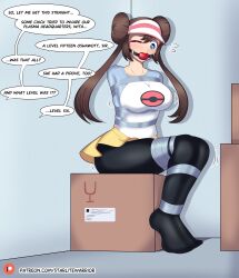 ball_gag blue_eyes bondage bondage box breasts brown_hair double_bun english_text gag gagged large_breasts leggings long_twintails multicolored_shirt nintendo one_eye_closed pokemon pokemon_bw2 rosa_(pokemon) shirt sitting_on_box skirt starlitewarrior tape_bondage text text_bubble twintails visor yellow_skirt