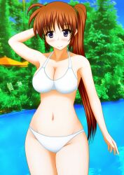 bikini bikini_bottom bikini_top in_pool mahou_shoujo_lyrical_nanoha mahou_shoujo_lyrical_nanoha_strikers nanoha_takamachi outdoors pool pullpull15 standing standing_in_water swimming_pool white_bikini