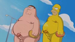 2boys alternate_version_available balding balls blue_sky brown_hair chubby_male cleft_chin crossover dilf drawfag drawthread_request edit edited erection family_guy fat fat_man feet_out_of_frame gay genitals glasses homer_simpson male male_only moobs nipples nude obese obese_male overweight overweight_male penis penis_size_difference peter_griffin retracted_foreskin screencap screenshot screenshot_edit sponge the_simpsons uncut yaoi yellow_skin