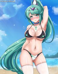 beach bikini blue_choker breasts choker cloud core_crystal female green_eyes green_hair large_breasts multicolored_bikini navel nintendo patdarux pneuma_(xenoblade) ponytail pose sky standing thighhighs tiara water xenoblade_(series) xenoblade_chronicles_2