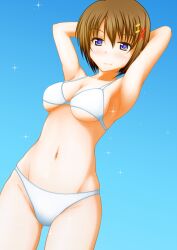 arms_above_head bikini bikini_bottom bikini_top happy looking_at_viewer pullpull15 standing stretching_arms white_bikini white_swimsuit