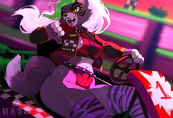 1girls 2022 2d 2d_(artwork) 2d_artwork animatronic big_breasts breasts canine clothed clothing driving earrings fanart fangs female female_only five_nights_at_freddy's five_nights_at_freddy's:_security_breach fnaf furry go_kart gray_hair green_hair grey_hair jacket large_breasts long_hair orange_eyes racing roxanne_wolf_(fnaf) scottgames seated sharp_teeth sitting skeleion solo solo_female spiked_waistband steel_wool_studios tagme tail thighhighs two_tone_hair white_hair wide_hips