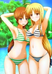 2girls bikini bikini_bottom bikini_top blonde blonde_female blonde_hair brown_hair fate_testarossa female female_only in_water light-skinned_female light_skin mahou_shoujo_lyrical_nanoha mahou_shoujo_lyrical_nanoha_strikers multiple_girls nanoha_takamachi pullpull15 standing standing_in_water striped_bikini water