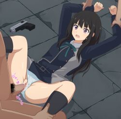 1girls 2boys arm_grab bangs belt black_belt black_hair black_socks blue_dress clothing clothing_aside collared_shirt commentary cum cum_in_pussy cum_inside dress ejaculation female green_ribbons grey_dress gun handgun haniwa_(kiminozorazio) highres inoue_takina kneehighs long_hair lycoris_recoil lycoris_uniform male multiple_boys neck_ribbon open_mouth panties panties_aside penetration penis pleated_dress purple_eyes pussy rape restrained ribbon school_uniform sex shirt socks spread_legs straight two-tone_dress uncensored underwear vaginal_penetration weapon white_panties white_shirt