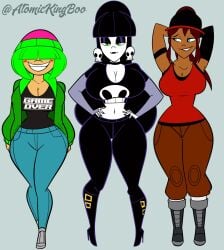 3girls arms_up artist_name atomickingboo beanie big_ass big_breasts black_hair black_lipstick breasts bust busty cleavage curvaceous curvy curvy_figure dark-skinned_female dark_hair dark_skin eyelids eyes female female_focus female_only front_view full_body goth goth_girl green_eyes green_hair green_jacket grey_background grin hair hands_behind_back hands_on_hips high_heel_boots high_heels hips hoodie hourglass_figure image jeans large_breasts legs lindel_dollice_quilten lips lipstick long_hair melanin midriff moni_peiper navel neon_green original original_character original_characters pale-skinned_female pale_skin paulinda_sherwoods short_hair skull_earrings smile smirk smug thick thick_ass thick_legs thick_thighs thigh_gap thighs tight_pants toony top_heavy upper_body voluptuous wasp_waist white_body white_skin wide_hips