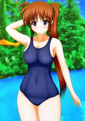 in_pool mahou_shoujo_lyrical_nanoha mahou_shoujo_lyrical_nanoha_strikers nanoha_takamachi one-piece_swimsuit outdoors pool pullpull15 standing standing_in_water swimming_pool swimsuit swimwear tagme