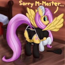 1girls 2022 anatomically_correct bodily_fluids callichrome clothing crotchboob cutie_mark dialogue embarrassed equid equine female feral fluttershy_(mlp) friendship_is_magic genital_fluids hasbro hi_res horse legwear looking_at_viewer looking_back maid maid_uniform mammal my_little_pony my_little_pony_friendship_is_magic panties peeing peeing_self pegasus pony puddle raised_tail solo solo_focus spread_wings stockings text underwear uniform urine watersports wetting wings