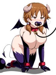 1girls all_fours ankle_cuffs ball_and_chain ball_and_chain_restraint breasts brown_eyes brown_hair collar elbow_gloves horns large_breasts leash nude_female pacifier pet_play petplay rebake-1453 short_hair succubus tail thighhighs unhappy_female wings wrist_cuffs