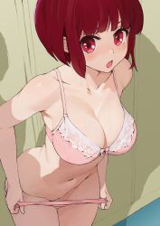 arima_kana bare_arms bare_back bare_legs bare_shoulders bare_thighs belly_button big_breasts blush body_blush bow_bra bra breasts cleavage collarbone open_mouth oshi_no_ko panties panty_pull pink_bra pink_panties pink_underwear pomerachi red_eyes red_hair short_hair thighs underwear underwear_only undressing