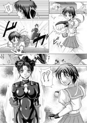 alternate_costume breasts capcom chun-li comic corruption double_hair_bun empty_eyes enemy_conversion expressionless femsub greyscale hair_bun_covers hair_buns hypnotic_accessory large_breasts macxe microchip military_hat military_uniform monochrome sakura_kasugano shadaloo_dolls short_hair street_fighter tech_control text