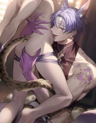 2boys anal anal_fingering animal_ears arm_tattoo arms_behind_back ass baegji13 bare_shoulders belt bishounen bite_mark black_shirt bound bound_wrists clothing_cutout colored_skin earrings eiden_(nu:_carnival) fangs fingering fingernails flower_tattoo fox_boy fox_ears fox_tail gay gay_male gloves grabbing_another's_ass groping hand_on_another's_ass hand_on_another's_back head_out_of_frame highres jaguar_boy jaguar_tail jewelry kemonomimi_mode kneeling kuya_(nu:_carnival) licking licking_stomach looking_at_viewer male male_focus mole mole_under_eye multiple_boys nail_polish necklace nu:_carnival nude oerba_yun_fang open_mouth purple_eyes purple_hair purple_nails purple_ribbon purple_skin ribbon ribbon_bondage saliva sharp_fingernails shiny_skin shirt short_hair sitting sleeveless sleeveless_shirt smile solo_focus sweat tail tattoo thigh_cutout third-party_source tongue tongue_out turtleneck twitter_username white_belt yaoi