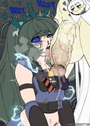 1futa 1girls after_fellatio after_oral ahe_gao big_balls cedric_dewitt commentary_request commission crossover dominant_futa futanari huge_cock malfunction nosebleed qingyi_(zenless_zone_zero) robot_girl rwby saliva saliva_trail short_circuit small_breasts smug smug_face tongue_out twintails veiny_penis weiss_schnee zenless_zone_zero