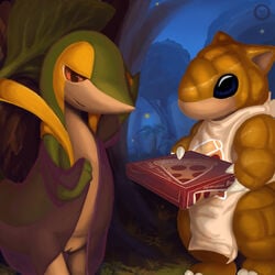 apron blue_eyes claws clothes female grass green_skin holding interspecies leaf male night nintendo open_eyes outdoors pizza pointy_ears pokemon pokemon_(species) pussy red_eyes sandshrew scalie side_view sildre smile snivy standing tree tricksta yellow_eyes