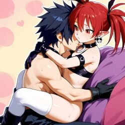 1female 1male ai_generated couple crossover demon_girl disgaea etna fairy_tail gray_fullbuster hugging red_hair small_breasts