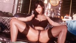 3d big_breasts black_bra black_hair black_panties book bra bracelet choker couch earrings final_fantasy final_fantasy_vii final_fantasy_vii_rebirth final_fantasy_vii_remake fit_female fridge hands_on_knees highres hourglass_figure inviting jul3dnsfw kitchen_utensils lace-trimmed_bra lingerie lingerie_only living_room long_hair looking_at_viewer navel pillow pillows posing posing_for_the_viewer red_eyes sitting sitting_on_couch smile smiling_at_viewer spread_legs stockings strapless_bra thighhighs tifa_lockhart toned towel underwear