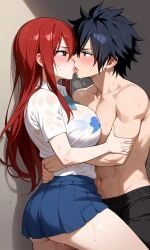 1female 1male ai_generated couple erza_scarlet fairy_tail gray_fullbuster kissing red_hair