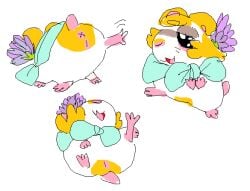 2018 2n2n anus cricetid fan_character female feral flower fur genitals hamster hamtaro_(series) mammal plant pussy rodent simple_background smile solo white_background yellow_body yellow_fur