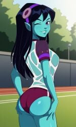 4kids_entertainment ai_generated alien alien_girl ass bigmic145 black_hair blue_eyes blue_skin breasts buruma female gym_clothes gym_uniform pointy_ears see-through see-through_clothing starlee_hambrath t-shirt tease teasing teenage_mutant_ninja_turtles teenage_mutant_ninja_turtles_(2003) tmnt tmnt_2003 water_fight wet wet_clothes wet_clothing