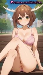 1girls :3 ai_generated anime anime_style antlers asian bangs bare_arms bare_legs bare_shoulders bench blue_sky blush bow_bra bra breasts brown_hair building bust busty cleavage cleft_of_venus closed_mouth clothing_aside collarbone crossed_legs day exhibitionism feet_out_of_frame female female_focus female_only green_eyes horns labia large_breasts legs lingerie looking_at_viewer natsuyoru on_bench outdoors panties panties_aside pantsu park park_bench pink_bra pink_panties public_indecency pussy shikanoko_noko shikanoko_nokonoko_koshitantan short_hair sitting sky smile solo solo_female thighs tree uncensored underwear underwear_only vagina voluptuous voluptuous_female