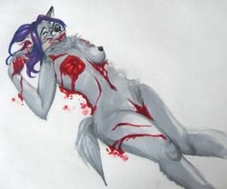 anthro avulsion black_nipples black_nose bleeding blood blood_stain breasts canine closed_eyes color cuts death exposed_breasts eyes female female_death female_only fur furry furry_breasts furry_ears furry_tail gagged gore grey_fur guro injury kill lying mastectomy nipples nose on_back pointy_ears small_breasts solo tail wolf wound xotox