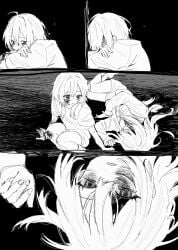 2girls absurdres baggy_clothes bags_under_eyes blood blood_on_arm blood_on_face crossed_arms crying dark_background death depressed expressionless female gloom_(expression) greyscale hanataro_(sruvhqkehy1zied) highres legs lying monochrome multiple_girls on_floor on_side original sad scraped_knee sitting suicide sweatdrop